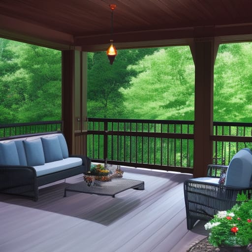 An AI-generated image of an enclosed deck surrounded by foliage, with two outdoor couches surrounding a low table, either flowers or food on the table; it is drawn in the style of an anime scene