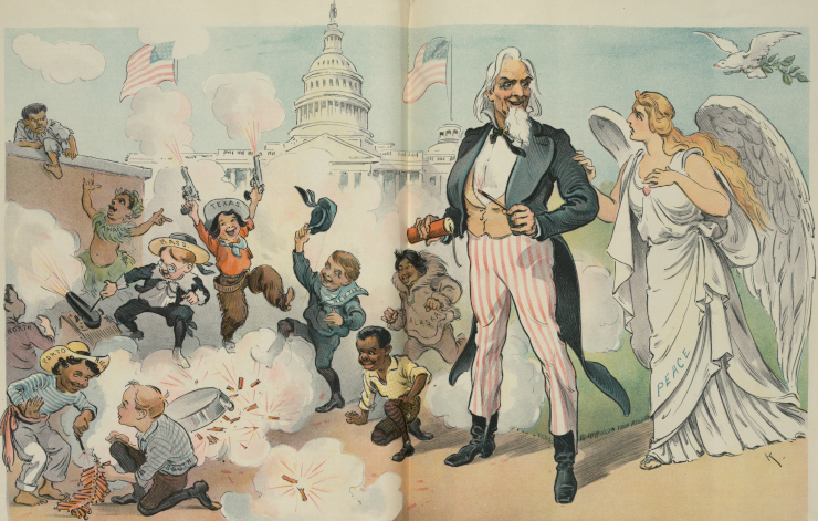 Children of various ethnicities from around the United States and then-territories celebrate Independence Day outside the Capitol, next to Uncle Sam and Columbia