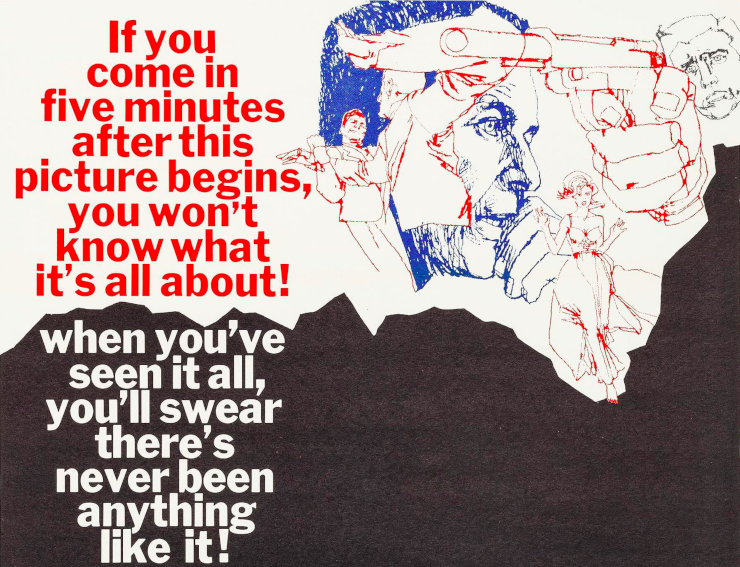 Part of the movie poster for 1962's The Manchurian Candidate, featuring sketches of the main character's arc, with text to the left warning against coming in late