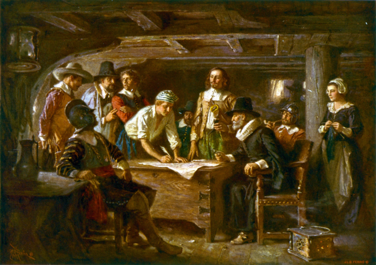 J.L.G. Ferris's painting, The Mayflower Compact, depicting Pilgrims signing the document