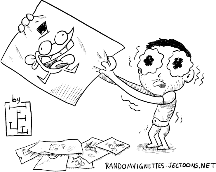 A comic of the artist, holding up a comic of a frog for the audience to see, with a pile of other comics at his feet
