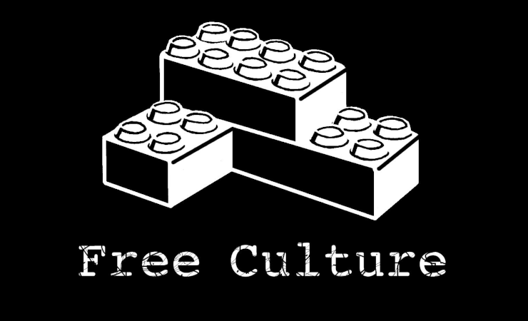 A logo representing Free Culture, featuring a sketch of three definitely generic modular brick toys stacked as a corner