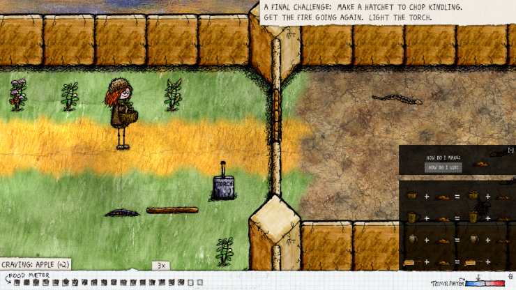 Screenshot from the game tutorial, with a fur-clad woman carrying a basket through a hall
