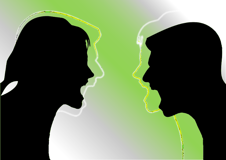 Silhouettes of a man and woman arguing, with their outlines superimposed over each other