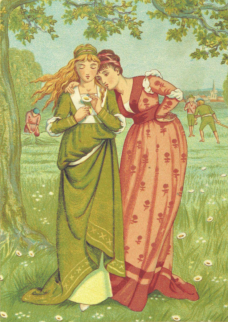 A painting of two women in dresses, one leaning on the other's shoulder, both staring at a flower in one's hands