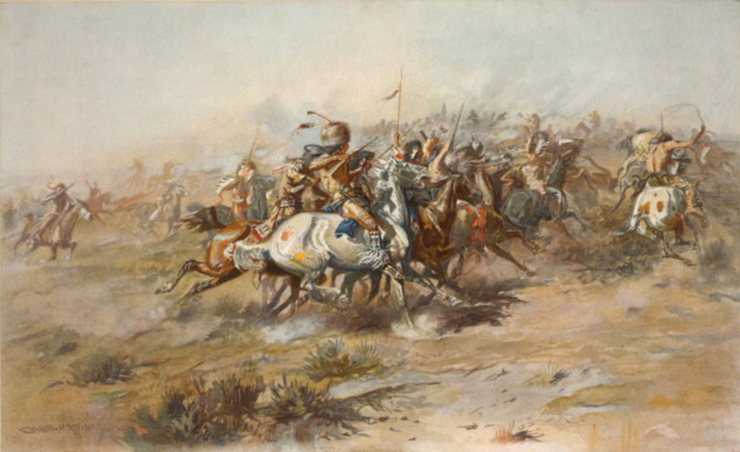 The Battle of the Little Bighorn, showing Native Americans on horseback in foreground