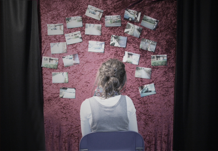 A person facing a parted curtain revealing a wall of candid photographs