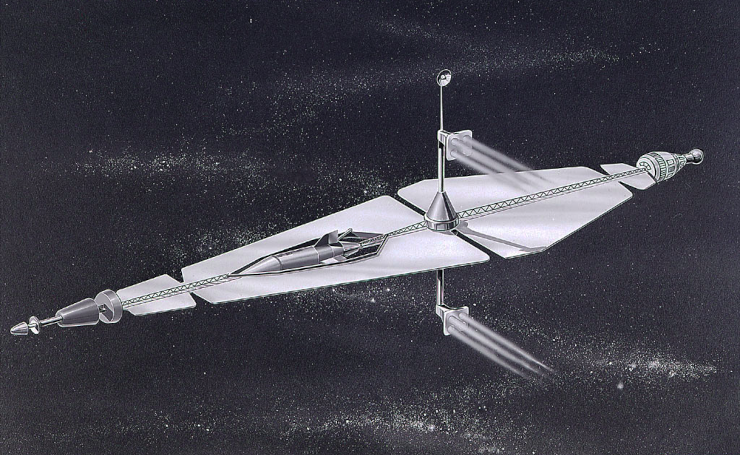 A 1960s design for a ship to take a crew of three to Mars, resembling a simple kite with rockets attached at arbitrary points