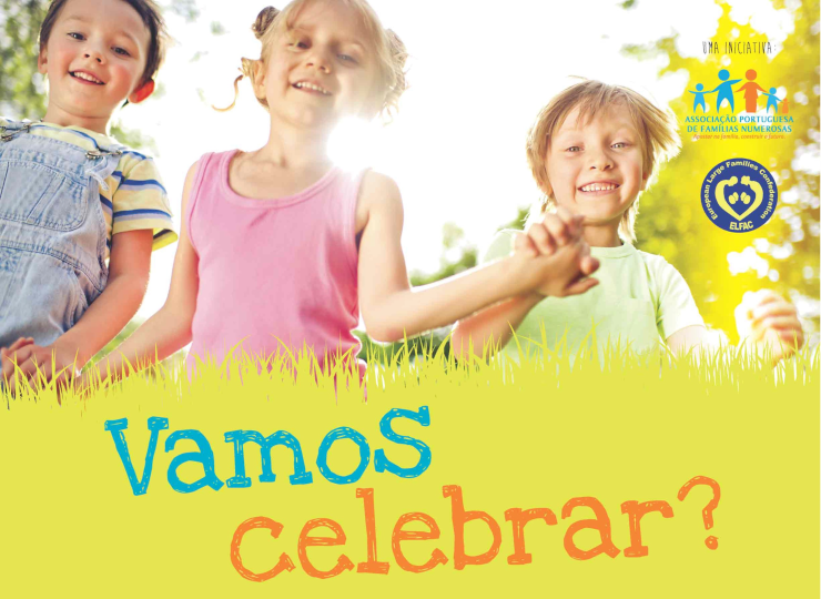 A photograph of three similar-looking young children running through a field holding hands, with a sketched-in question "vamos celebrar?" beneath them
