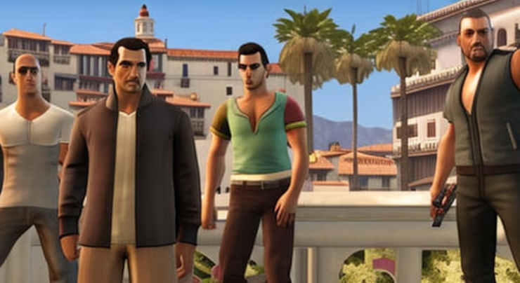 A computer-generated image of four men standing near a stone railing in a Spanish-style scene, dressed casually, with one standing apart from the rest holding a pistol