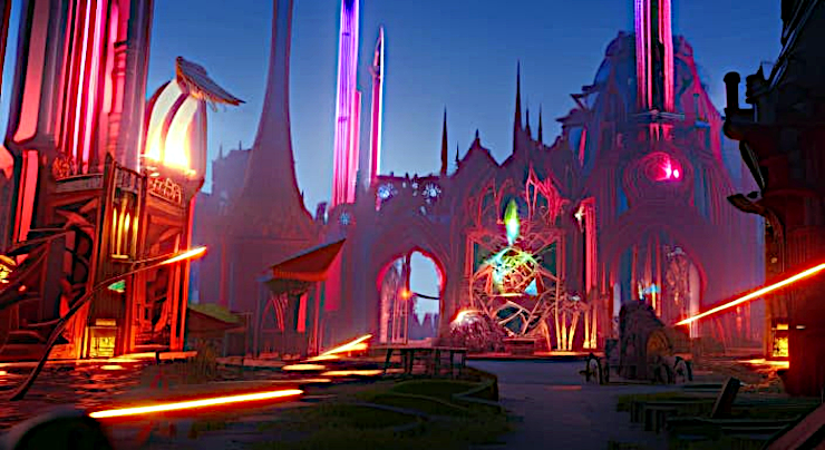 A city with strange architecture lit in bold colors, and an abstract sculpture off the center