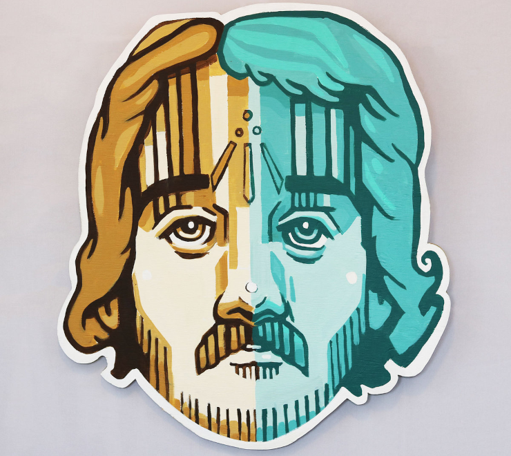A paper cut-out of the artist's face, shaded in gold to the left and teal to the right
