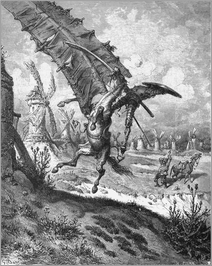 Don Quixote knocked off Rocinante by a windmill