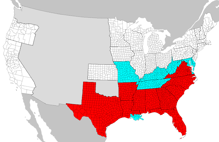 Map of areas covered and not covered by the Emancipation proclamation