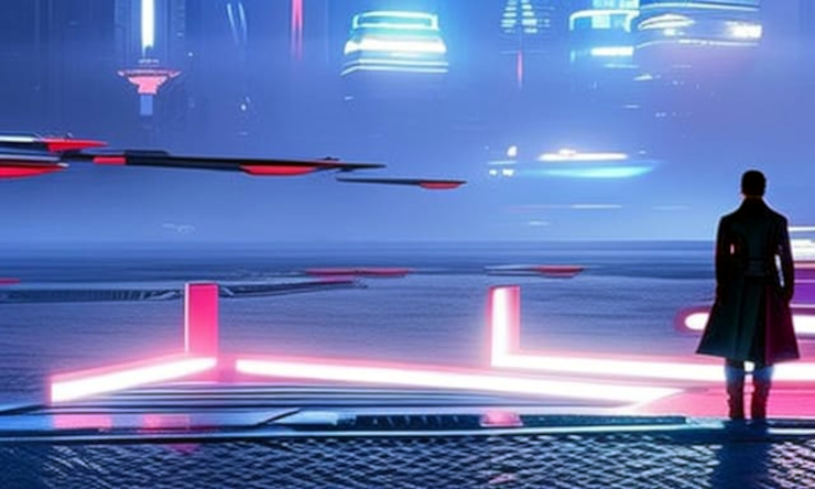 A cyberpunk-style picture of a trench-coated person on a pink-lighted dock looking out at a misty skyline