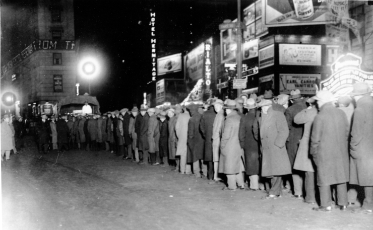 People lined up in Times Square for sandwiches during the Great Depression