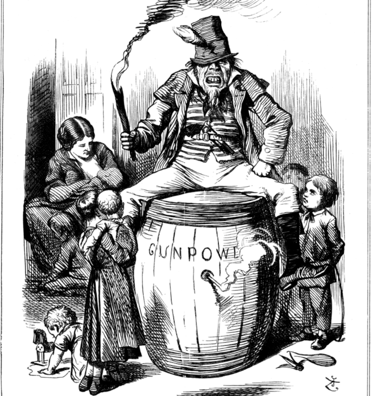 An 1867 Punch cartoon commenting on the Fenian Rising, featuring a sloppily dressed man sitting on a barrel labeled gunpowder while waving a torch around, and a family around him
