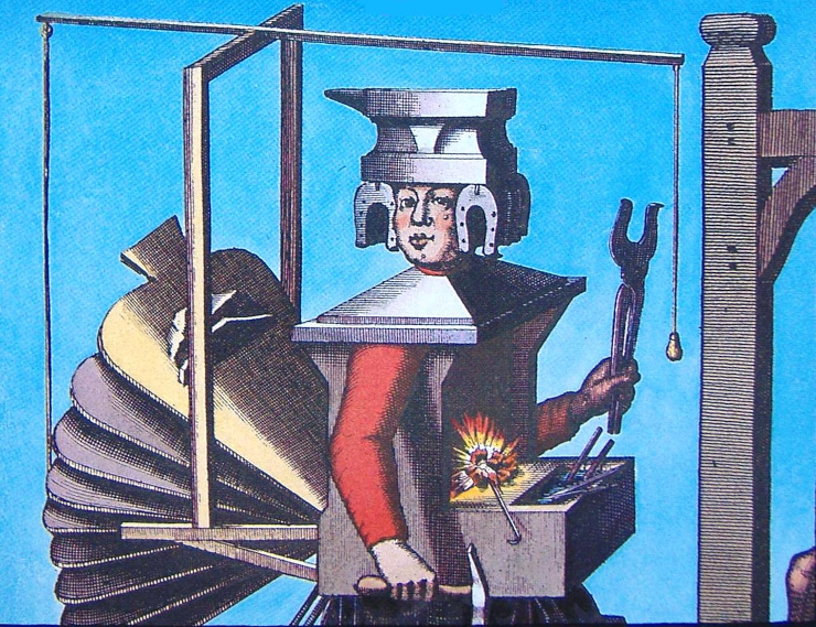 A person with human arms and face, but with the rest of the head made from an anvil and horseshoes, and a forge running through their torso, bellows in back and a work area in front.