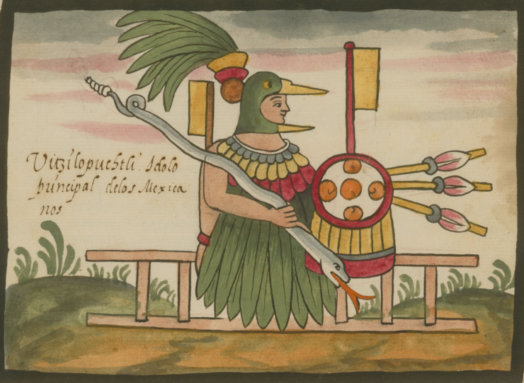 A colored drawing of Huitzilopotchli in feathered regalia, seemingly riding a ladder across a field