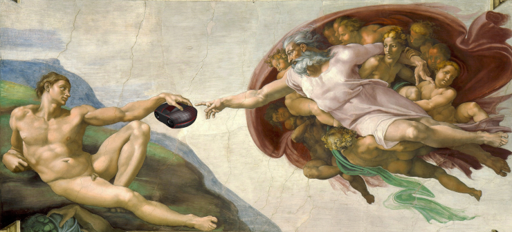 Michelangelo's Creation of Adam, but Adam holds out a spaceship