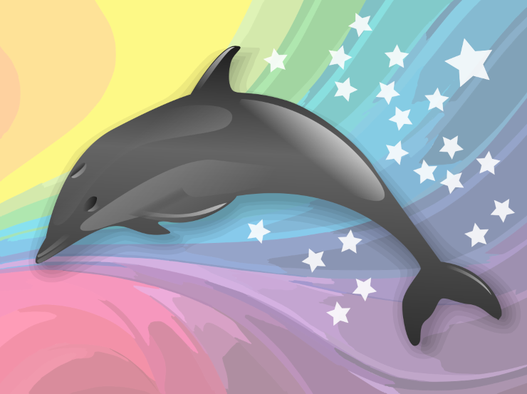 A dolphin flying through a rainbow background with stars