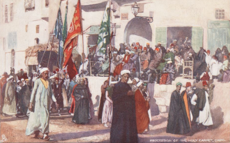 Painting of procession with flags in street, where participants and spectators mostly wear either turbans or fezzes