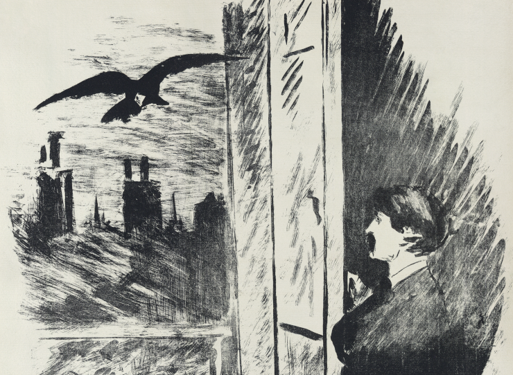 A person looking at an open window as a raven flies in