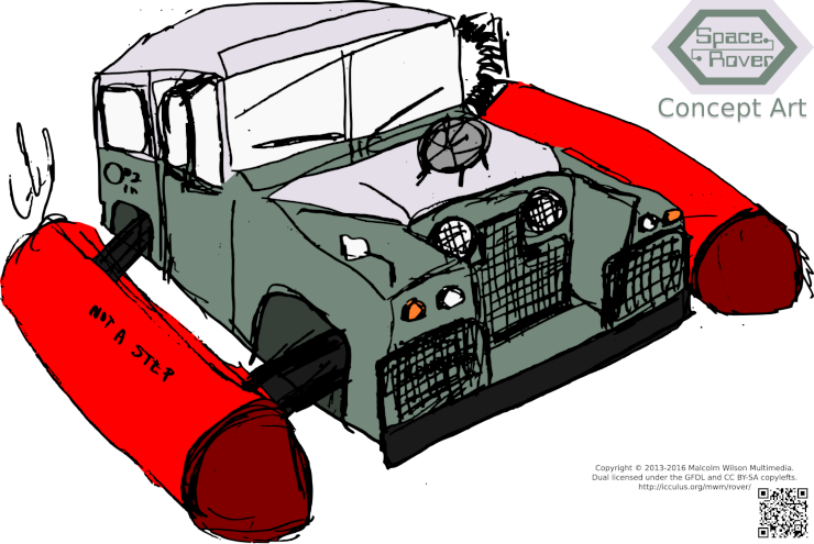 Concept art for the podcast, featuring a Jeep-like vehicle with bright orange pontoons instead of wheels, and a satellite dish mounted to the hood