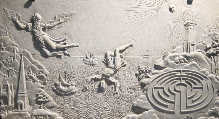 A relief showing The Fall of Icarus, including the labyrinth, a head as the Sun, and Daedalus looking irritated at his son
