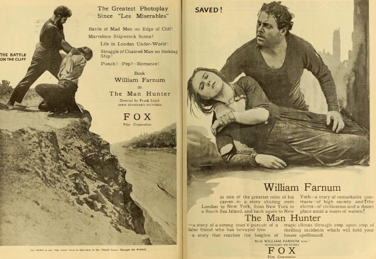 A two-page advertisement for 1919's silent Western drama "The Man Hunter" from Fox Film Corporation, billed as The Greatest Photoplay Since "Les Misérables"
