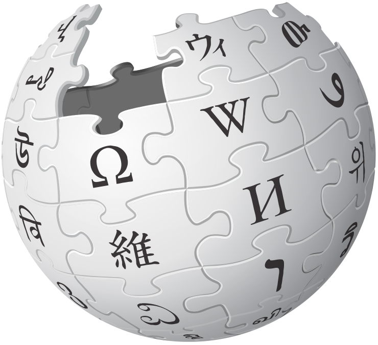 Wikipedia's logo, an incomplete sphere made of large, white jigsaw puzzle pieces. Each puzzle piece contains one glyph from a different writing system, with each glyph written in black