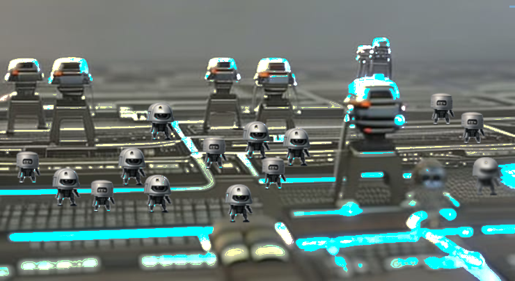 An army of tiny robots crawling across a futuristic circuit board
