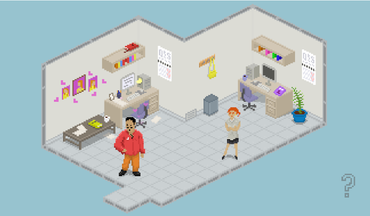 Pixel art of a modern office, where two people look to the left