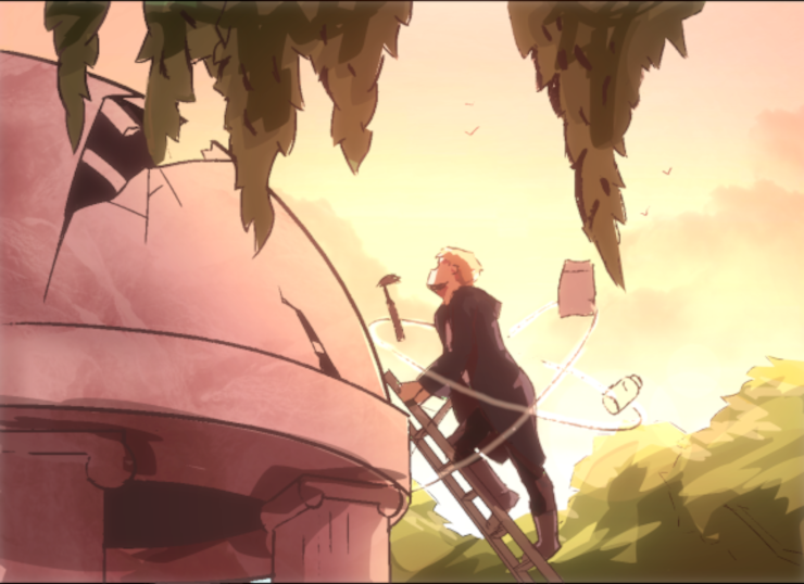 A panel from the comic, featuring Gale repairing a domed roof