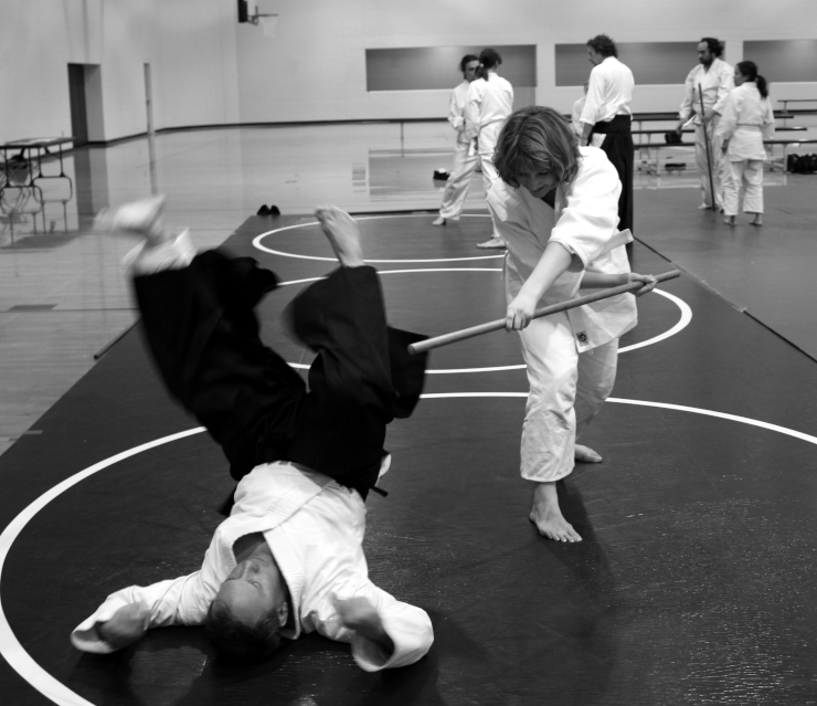 Martial arts training, where a student seems to knock over an instructor with a staff