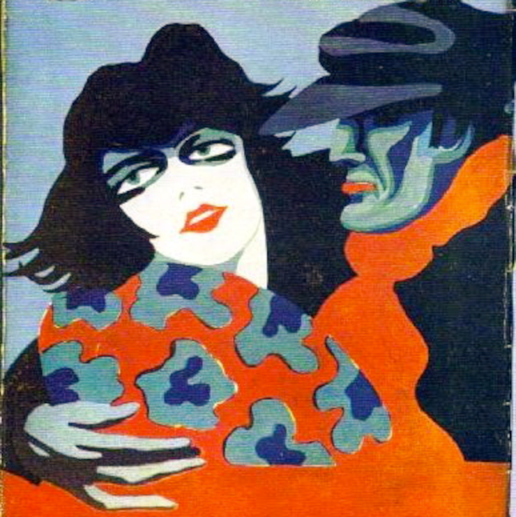 A stylized man in a red scarf and black slouch hat cradles a distraught woman