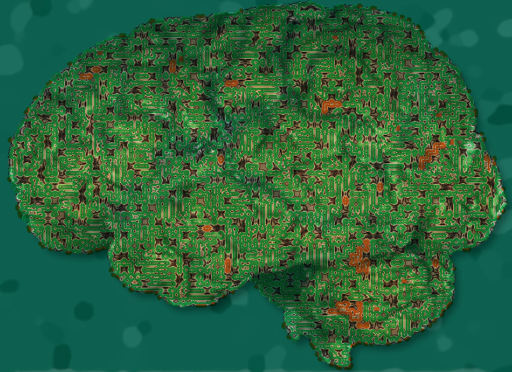 A circuit-like pattern laid out over a human brain