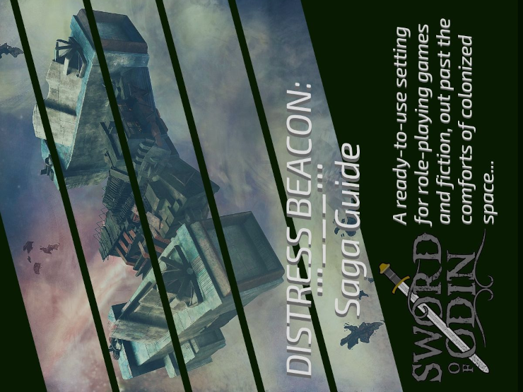 The cover to Distress Beacon, featuring an industrial-looking spaceship in a light-colored, gaseous background, viewed through shutters. The titles refer to the Morse code for SOS, as well as the Saga Guide series and the Sword of Odin publisher