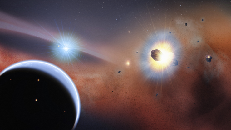 Artist's impression of an exoplanet around beta Pictoris, showing a disc permeated with carbon monoxide around the star, and cometary collisions in the distance