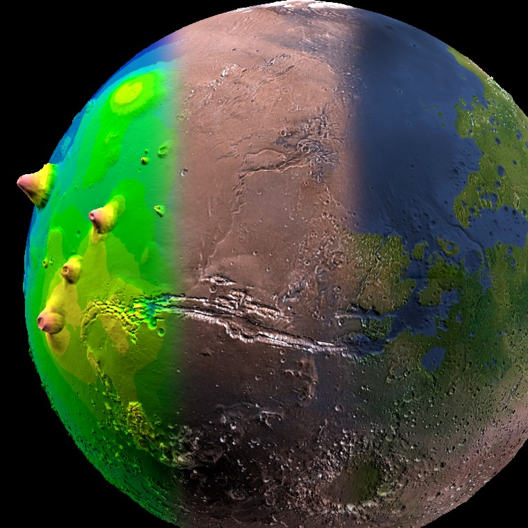 Artist's conception of Mars with exaggerated topography, rendered with multiple textures