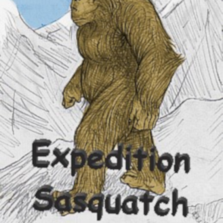 The Expedition Sasquatch logo, featuring a sketch of a Sasquatch-like creature from the nose down, walking from right to left in front of hills. The name of the podcast overlays the lower third, written in a Comic Sans-like font