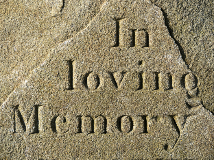 An eroded sandstone-like background with "In living Memory" carved into its face