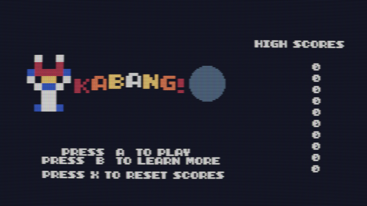The title screen for Kabang!, showing no high scores, an enlarged astronaut sprite, and a gray circle intended to represent a mine, rendered as if on a tube television
