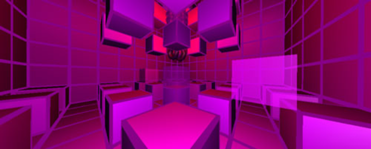A screenshot of a level of the game, in shades of magenta and purple, blocks protruding from the floor and ceiling
