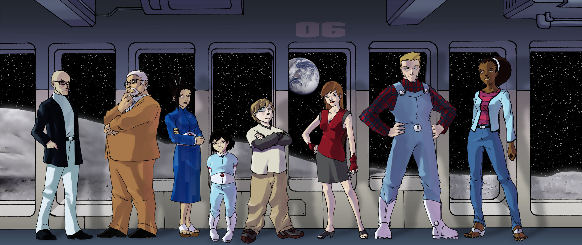 "The (animated) main cast standing in front of windows overlooking Earthrise on the Moon"