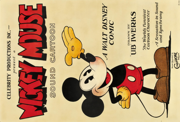 A poster reading "Celebrity Productions Inc. present a Mickey Mouse Sound Cartoon, A Walt Disney Comic drawn by 'Ub' Iwerks, the World's funniest Cartoon Character, A Sensation in Sound and Synchrony," with Mickey posing to the side in yellow gloves, red shorts, and brown shoes