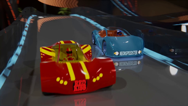 Two cars jockeying for position in a race