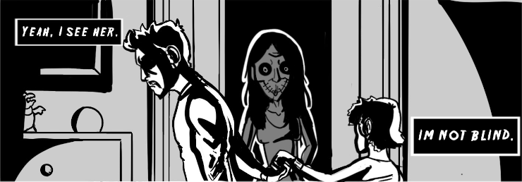 A panel from the comic, featuring our protagonist walking Daniel past an open closet, from where Mrs. Whisper watches