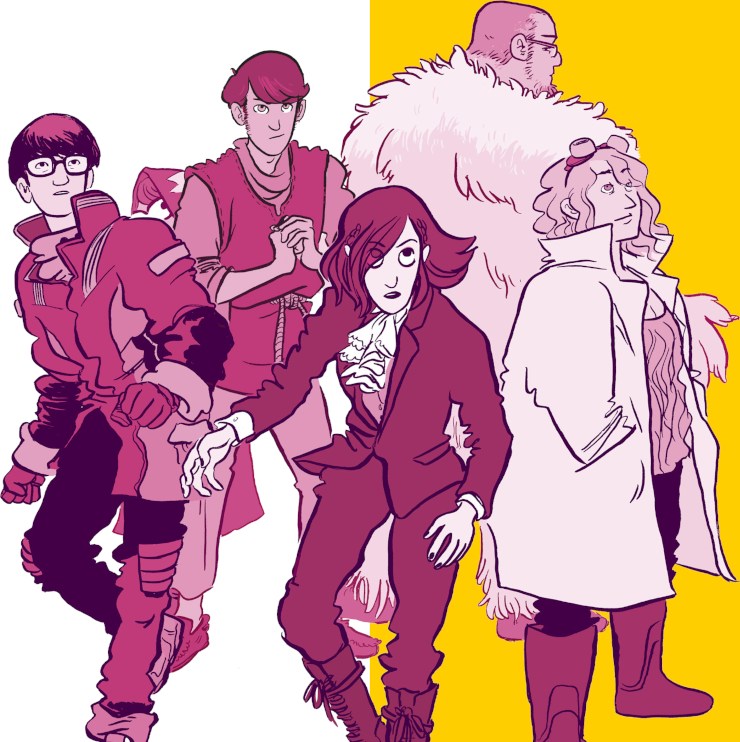 The main cast of the comic, milling around in costume