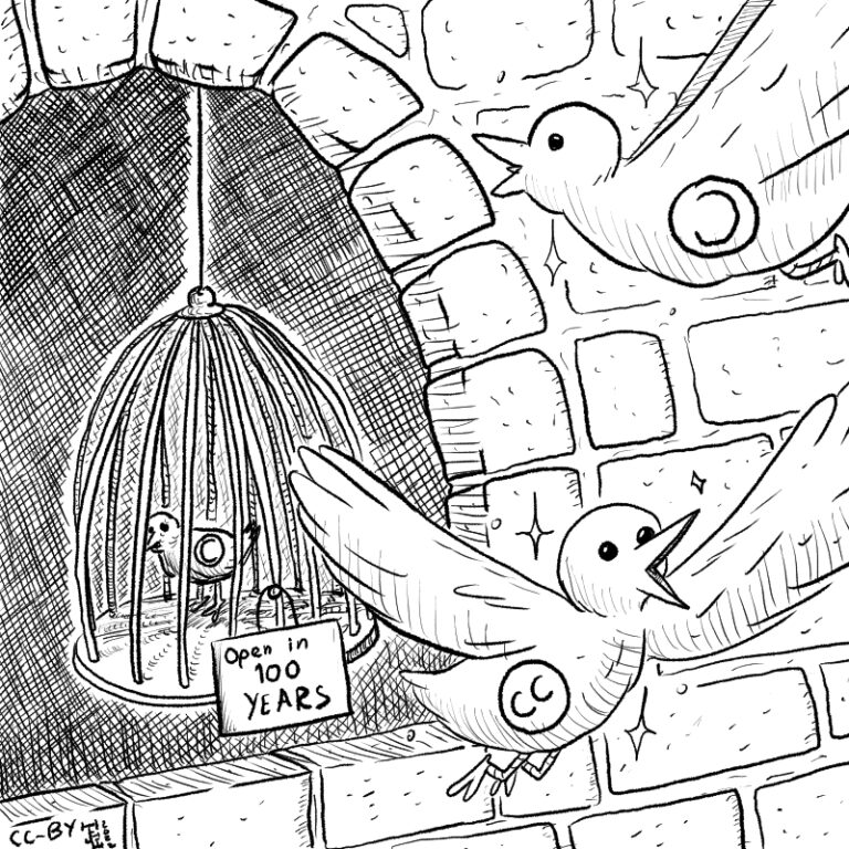 A comic featuring a "copyright" bird, silent in a cage, watching Creative Commons birds flying and singing out the window